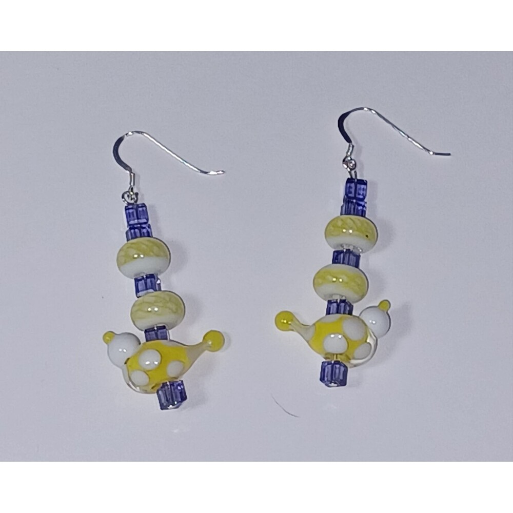 Handmade lampwork yellow bird earrings Swarovski crystal cubes tanzanite 925SS